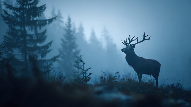 A stag with large antlers standing at the crest of a misty hill during blue hour, cinematic low-angle shot, blurred pine forest below, focus on the stag&rsquo;s majestic silhouette and breath in cild air.