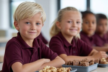 Caucasian and african boys and girls in school uniforms enjoying snacks at school.
