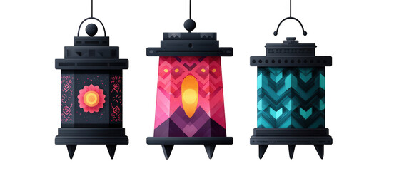 Three intricately designed lanterns showcasing vibrant patterns and colors, ideal for festive decoration