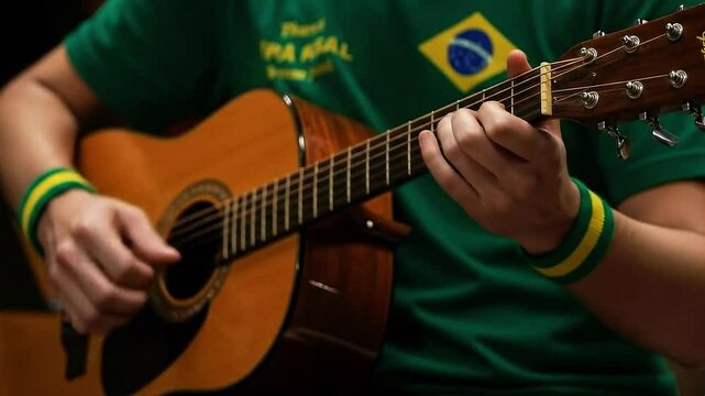 Person playing acoustic guitar wearing a green shirt with the brazilian flag and wristbands on their arms