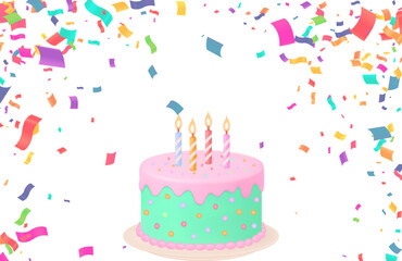 Pastel Birthday Cake with Candles and Confetti: Celebration, Party, Happiness, Joy, Special Occasion, Festive Event, Fun Illustration