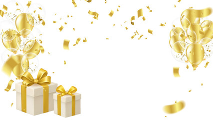 Happiness and Gifts White Gift Boxes with Gold Bows, Golden Balloons, Confetti, Design for Festivals, Birthdays, Anniversaries, Luck Giving.