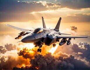 Fiery Sunset Ascent: Stealth Fighter Jet Breaking Through Clouds.