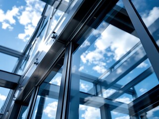 Naklejka premium Close-up of steel and glass window frame reflecting sky. Ideal for modern architecture, transparency, and industrial structure visuals