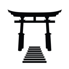 Black silhouette of a Japanese torii gate with steps