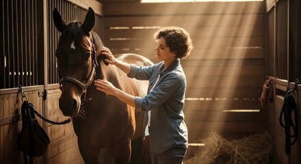 Woman Gently Cares for Horse in Rustic Stable, Golden Sunlight