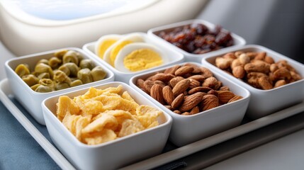 Assorted snack tray on airplane with nuts and healthy options near window.