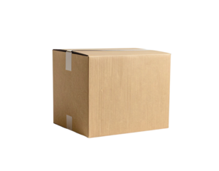 Closed cardboard box with tape on a plain gray background