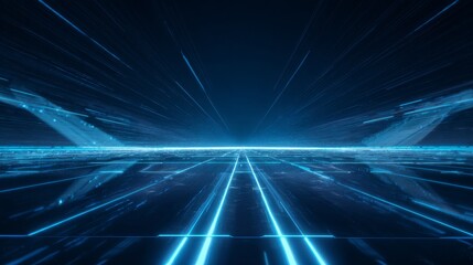 Obraz premium Futuristic digital environment with radiant blue data streams, glowing grid pathways, scattered blue dots, and a central intense light source in a high-tech virtual space.