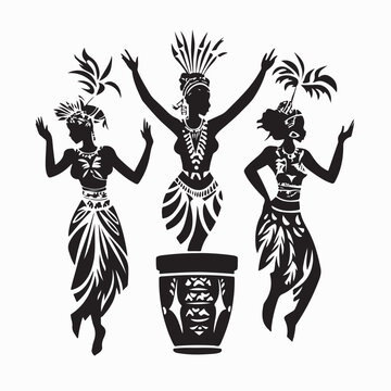 African Tribal People Playing Music And Dancing Woman Performing With Drums In Tribe Vector