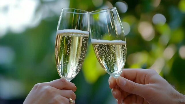Celebration with sparkling drinks in a lush garden at sunset