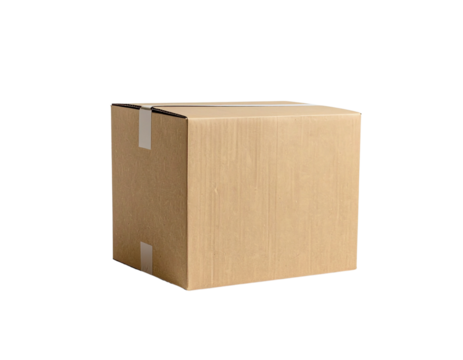 Closed cardboard box with tape on a plain gray background