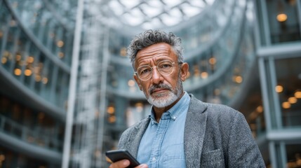 mature hispanic senior business man using smartphone cellphone at office building