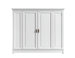 Classic white four door cabinet with elegant bronze handles isolated on gray background