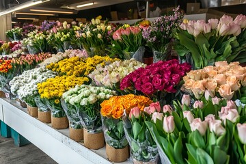 Fototapeta premium Colorful fresh flower bouquets on vibrant market stall for lively spring decoration and joyful celebration atmosphere