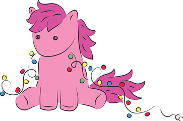 Cute pink pony sits funny and holds a colorful Christmas garland in her mouth, contour curved lines drawn by hand with a black brush