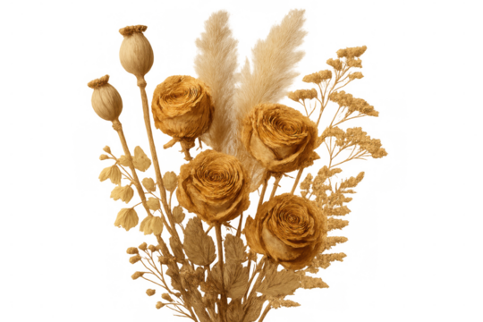 Dried floral composition featuring delicate roses, textured poppy seed pods, and soft pampas grass against transparent backdrop