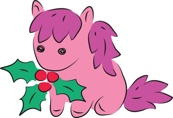 Cute little pink pony with purple mane sitting and holding Christmas holly in her mouth, contour curved lines drawn by hand with a black brush
