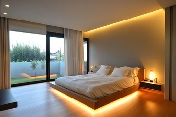 Minimalist modern bedroom with floating wooden bed frame, warm ambient lighting, floor-to-ceiling windows, serene cozy atmosphere, stylish elegant interior design for luxury contemporary living