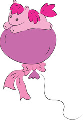 Cute little pink pony lying on a big purple flying balloon, contour curved lines drawn by hand with a black brush