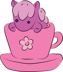 Cute little purple pony sitting in a big pink cup and looking out of it, contour curved lines drawn by hand with a black brush
