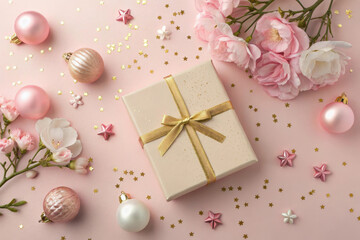 Pink and gold christmas gift flatlay with flowers