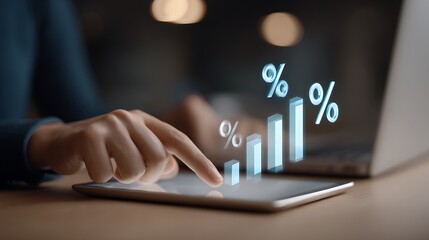 Person s finger interacting with a tablet displaying a glowing blue bar graph with percentage symbols indicating financial growth