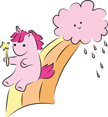 Cute little pink unicorn pony rides through a magical rainbow of orange hues and holds a golden magic wand in her hands, contour curved lines drawn by hand with a black brush