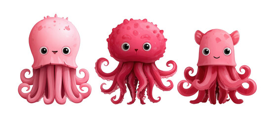 Three playful cartoon octopuses in vibrant pink hues, showcasing unique expressions and shapes