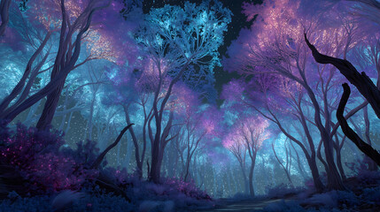 Surreal glowing forest of crystal-light trees under alien night sky