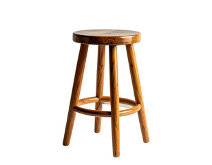 A simple wooden stool with a round seat and four legs on a grey background