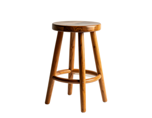 A simple wooden stool with a round seat and four legs on a grey background