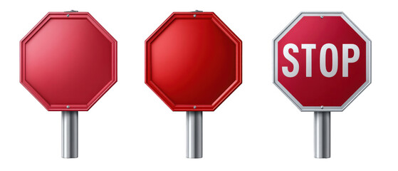Three stop signs displayed in a row, showcasing variations in design and color, with a clear urban backdrop