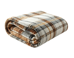 Cozy plaid blanket folded neatly on a neutral gray background