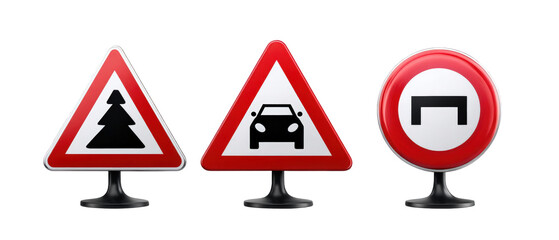 Three traffic signs indicating caution for trees, vehicles, and restricted access in an urban setting