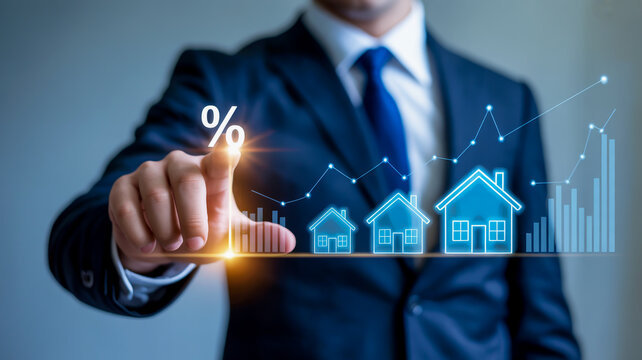 A person in a navy suit interacts with a glowing holographic real estate interface showing 3D houses, percentages, bar graphs, and financial charts