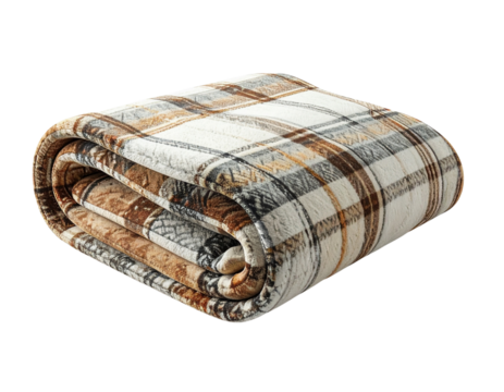 Cozy plaid blanket folded neatly on a neutral gray background