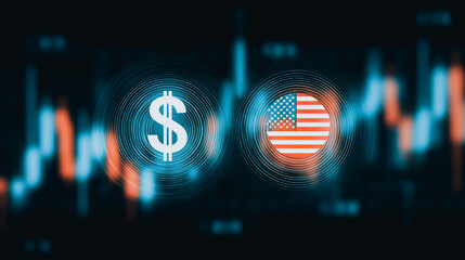Dollar and USA currency exchange in economic context: A futuristic digital depiction of the currency symbol against the backdrop of a stock market chart suggests economic dynamics. 