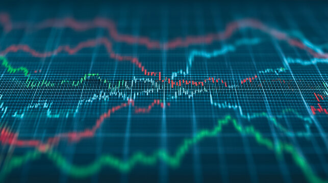 Data Visualization: An intriguing visual representation of complex financial trends is presented through an abstract pattern of layered colorful lines, set against a deep.