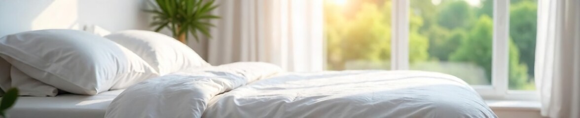 Sunlit Bedroom with Freshly Laundered Linens Sparkling Clean and Perfectly Organized