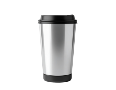 Modern silver travel mug with black lid and base isolated on gray background