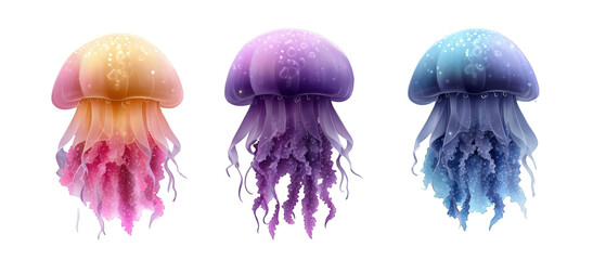 Three vibrant jellyfish floating gracefully in a serene underwater scene with soft lighting