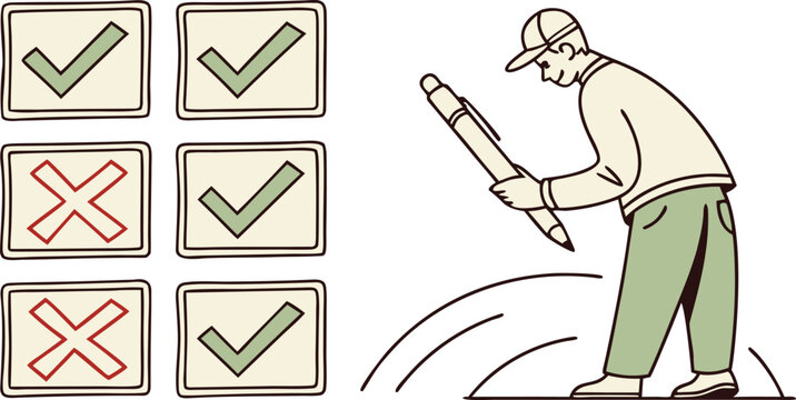 Vector art of a man is reviewing a checklist, carefully marking each item with a check or an x, isolated on white background.