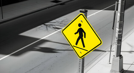 Bright Pedestrian Crossing Sign Stands Guard Over City Street Scene