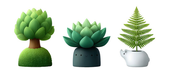 Three whimsical potted plants featuring a tree, succulent, and fern in a playful design