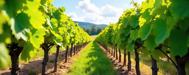 Sun-Drenched Vineyard Rows of Lush Grapevines Heavy with Ripe Grapes, Picturesque Rural Landscape