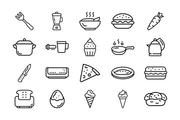 Collection of simple line art icons representing various food items and kitchen utensils