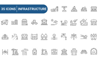 Infrastructure icon set in line or outline style. Includes bridge, building, railway, road, and more. Outline icons collection. Editable stroke. Vector illustration