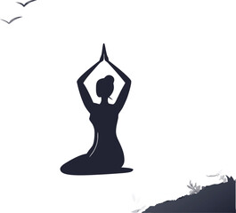 Fototapeta premium Yoga Practitioner Meditating on Beach at Sunrise Silhouette Vector