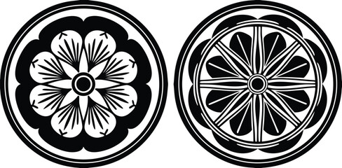 Vector art of two black and white circular mandalas with floral and geometric patterns, isolated on white background.